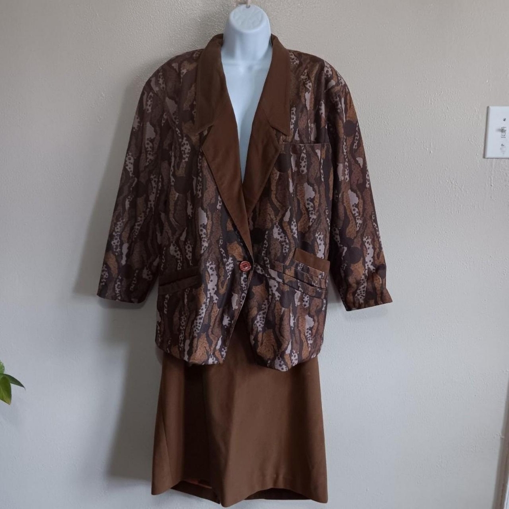 Vintage Lee Camo Tree Bark 2 Piece Jacket Skirt Suit Brown Velvety Artsy L-XL